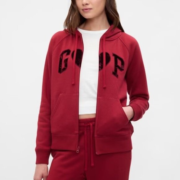 Gap Factory Logo Zip Valentine's Day Red Hoodie Sled Heart M - Picture 2 of 8